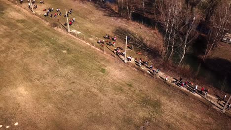 toma aérea de un grupo de personas caminando y ejercitando a sus perros sin correa, en una carretera rural