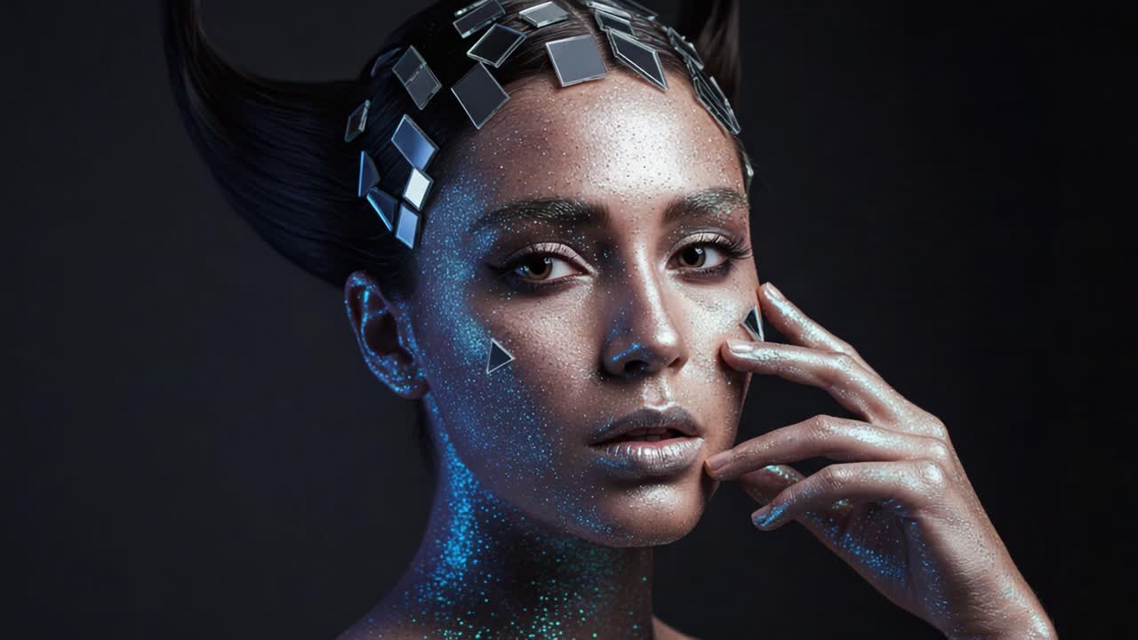 Captivating Visual of a Modern Fantasy Character with Reflective Geometric Decorations and Glittering Skin Embodying Futuristic Aesthetics and Unique Hairstyle