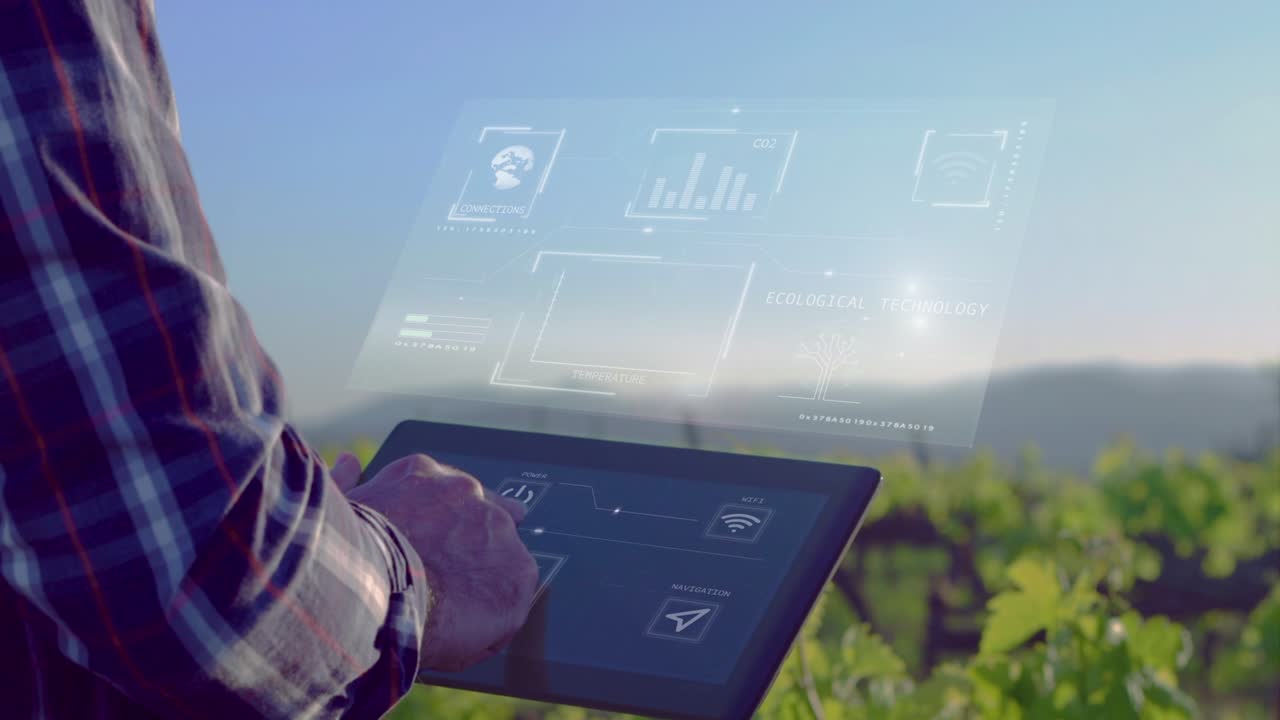 persona con tableta en el campo agrícola