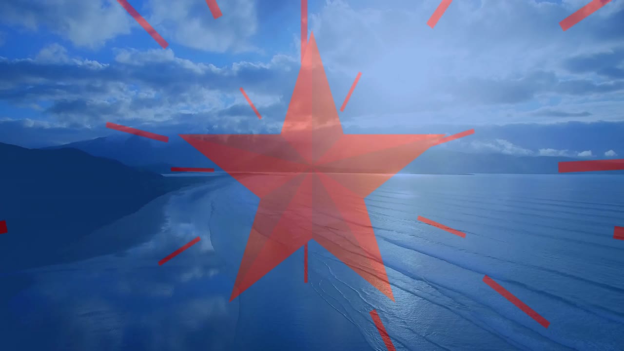 바다와 파란 하늘 위의 빨간 줄무 ⁇ 와 별, 미국 국기 요소의 애니메이션