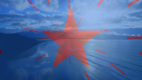 Animation-Von-Roten-Streifen-Und-Sternen,-Elementen-Der-Amerikanischen-Flagge-über-Dem-Meer-Und-Blauem-Himmel