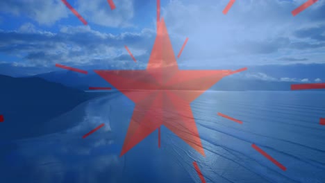 animation of red stripes and star, american flag elements over ocean and blue sky