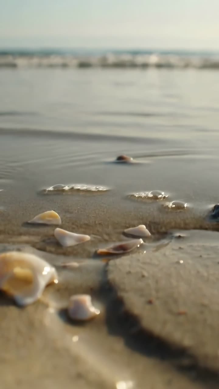 Close-Up of Seashells on Sandy Beach Washed by Gentle Ocean Waves