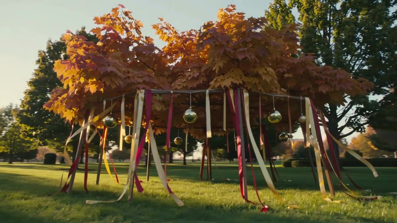 Swaying decorated canopy responding to breeze on park lawn, ribbons fluttering with gold ornaments