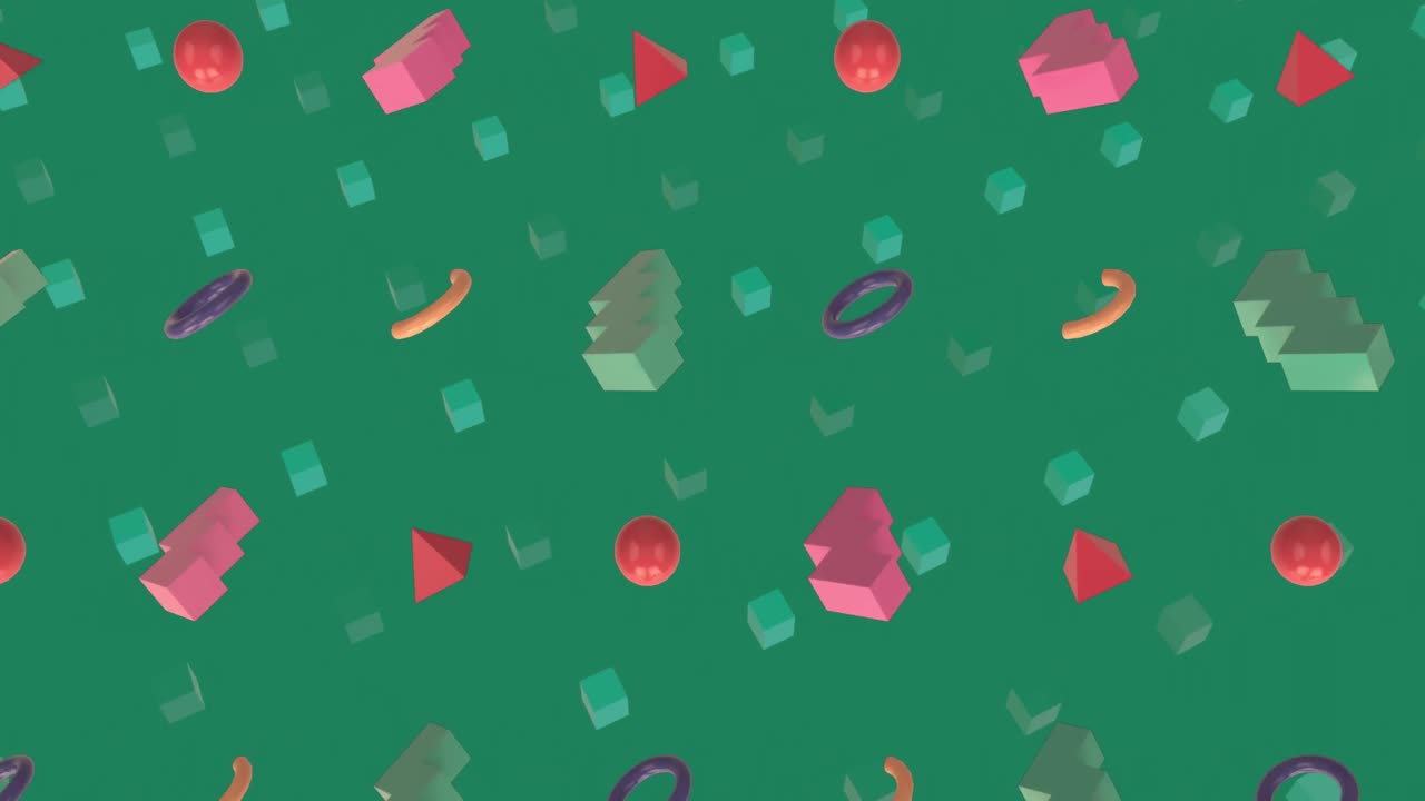 animación de coloridas estructuras 3d flotando contra el espacio de copia en fondo verde.