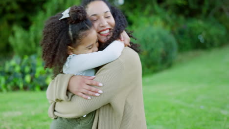 garden, hug and girl running to her mother