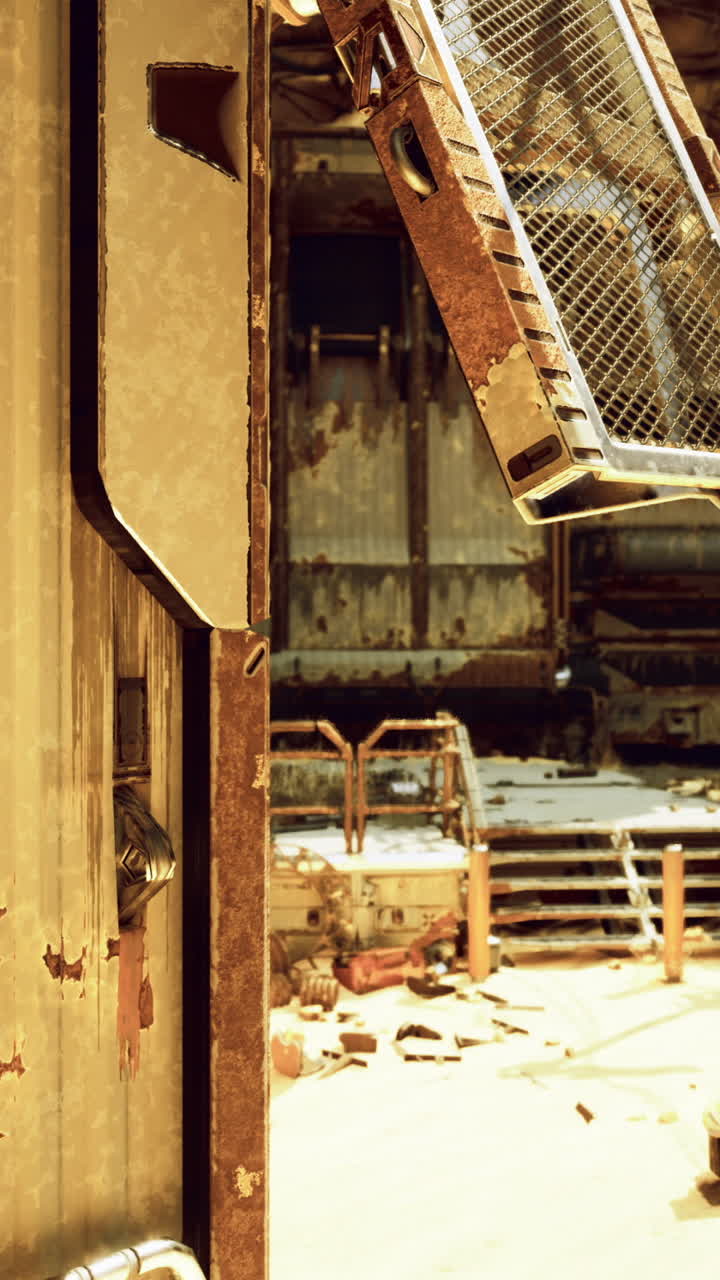 Abandoned industrial space with worn surfaces and scattered debris