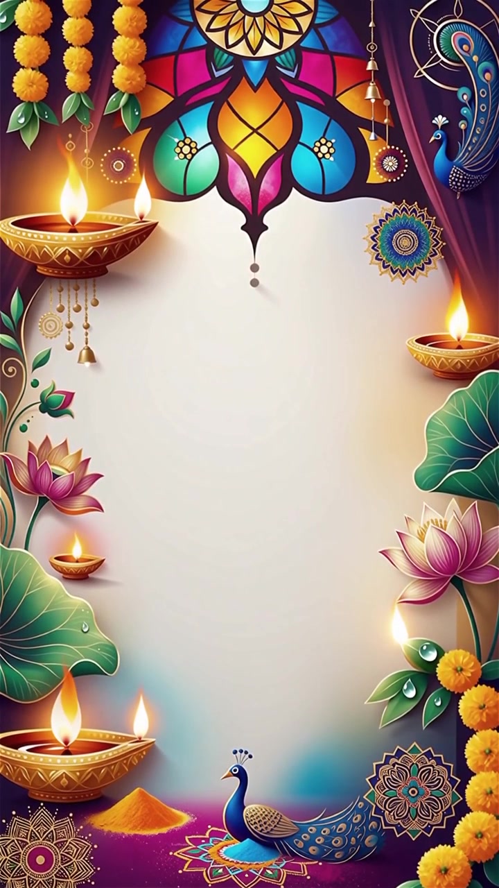Sfondo Diwali con Diyas luminosi, Rangoli e fiori di loto