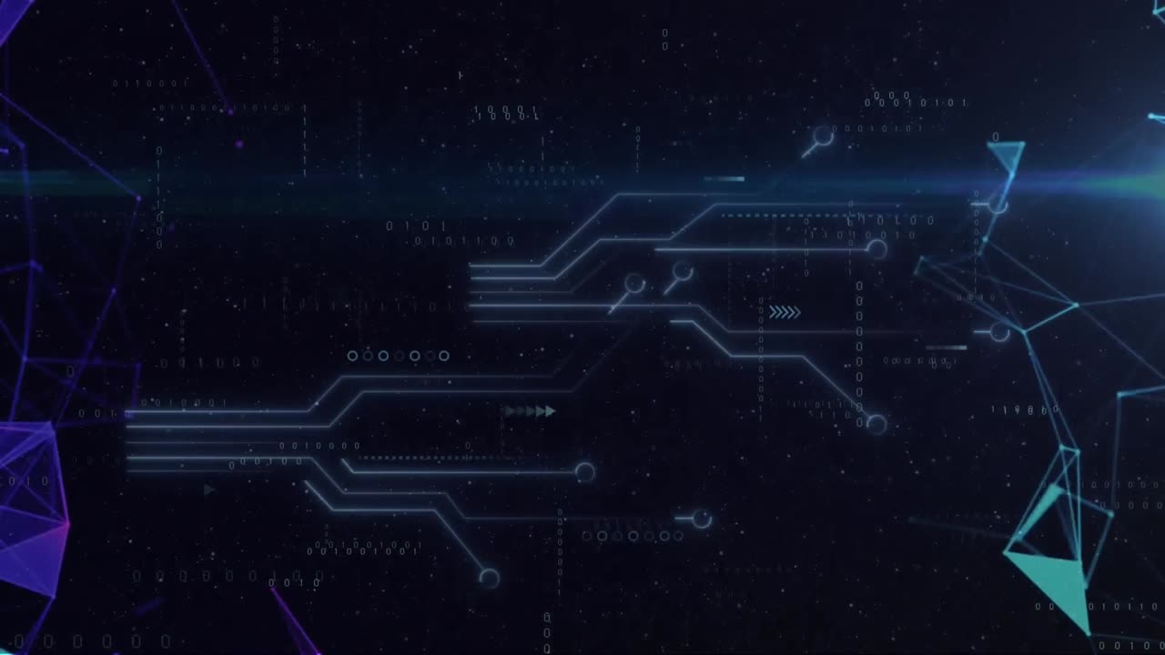 Animation of circuit board pattern and lens flares with connected dots over black background