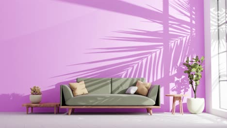 Modernes-Wohnzimmer-In-Einer-Wohnung-Mit-Couch-Und-Schatten-Von-Baumblättern,-Die-Sich-Durch-Eine-Sanfte-Sommerbrise-An-Der-Wand-Bewegen.-Warmes-Licht-Aus-Dem-Fenster,-Rendering-Animation