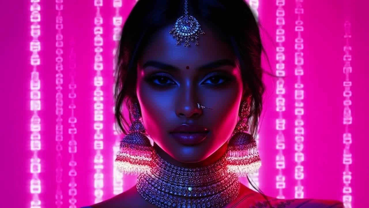Vivid cultural portrait art. A model showcases traditional jewelry with colorful lighting in the background while exuding confidence and elegance.