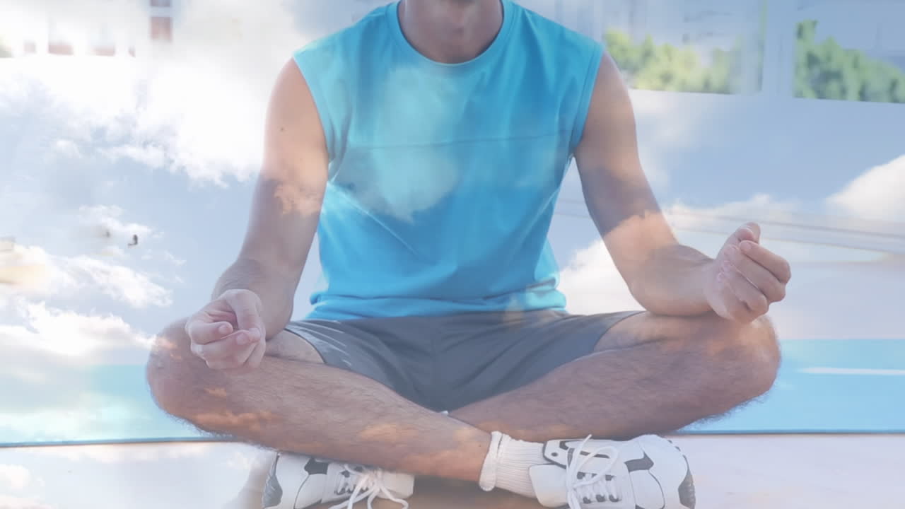 요가와 명상을 하는 백인 남성 위 의 구름 의 애니메이션