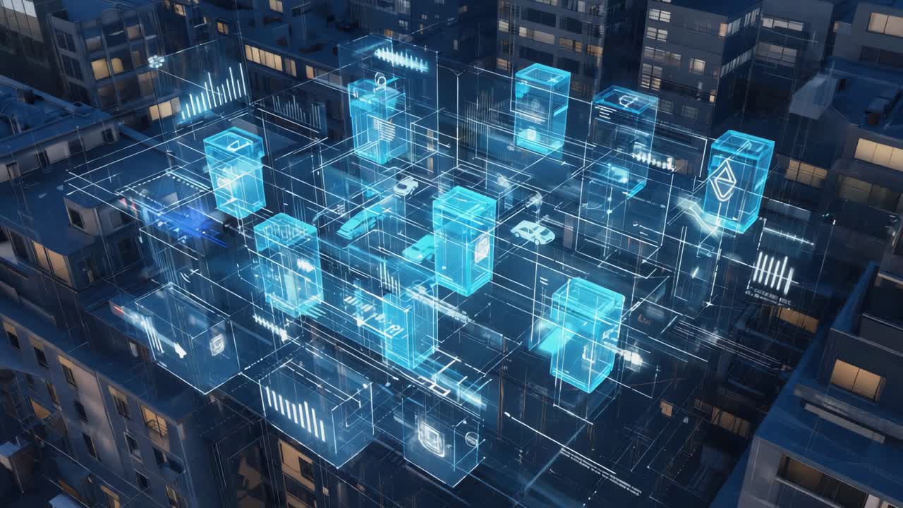 Futuristic city data network visualization
