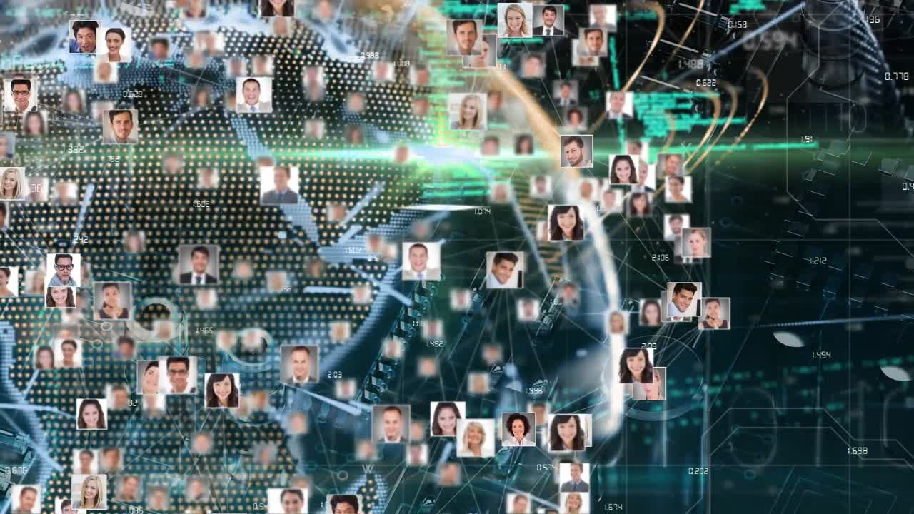 Animation of globe of network of connections with people's photos