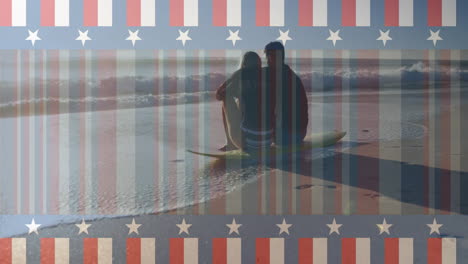 sentados en la tabla de surf en la playa, pareja sobre la animación de la bandera estadounidense