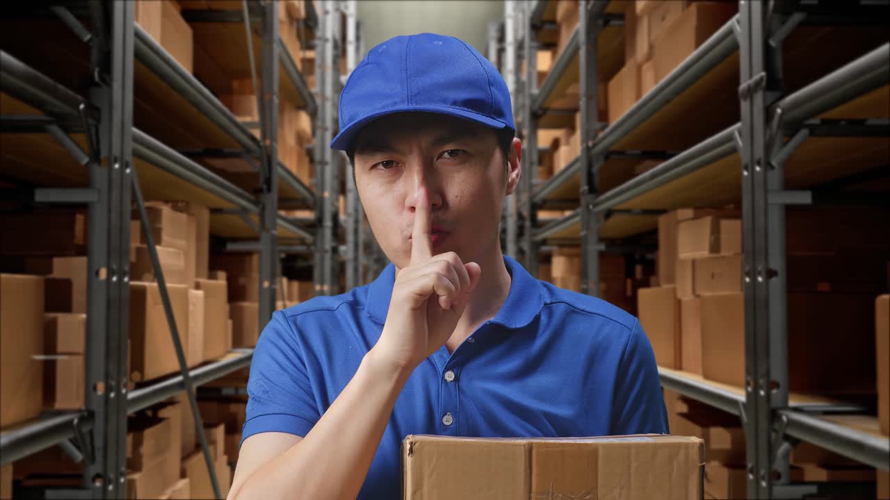 파란 유니폼을 입은 아시아 남성 택배기사의 클로즈업은 침의 몸짓을 보여주고 창고에서 상자를 배달하는 동안 머리를 흔들고 있습니다.