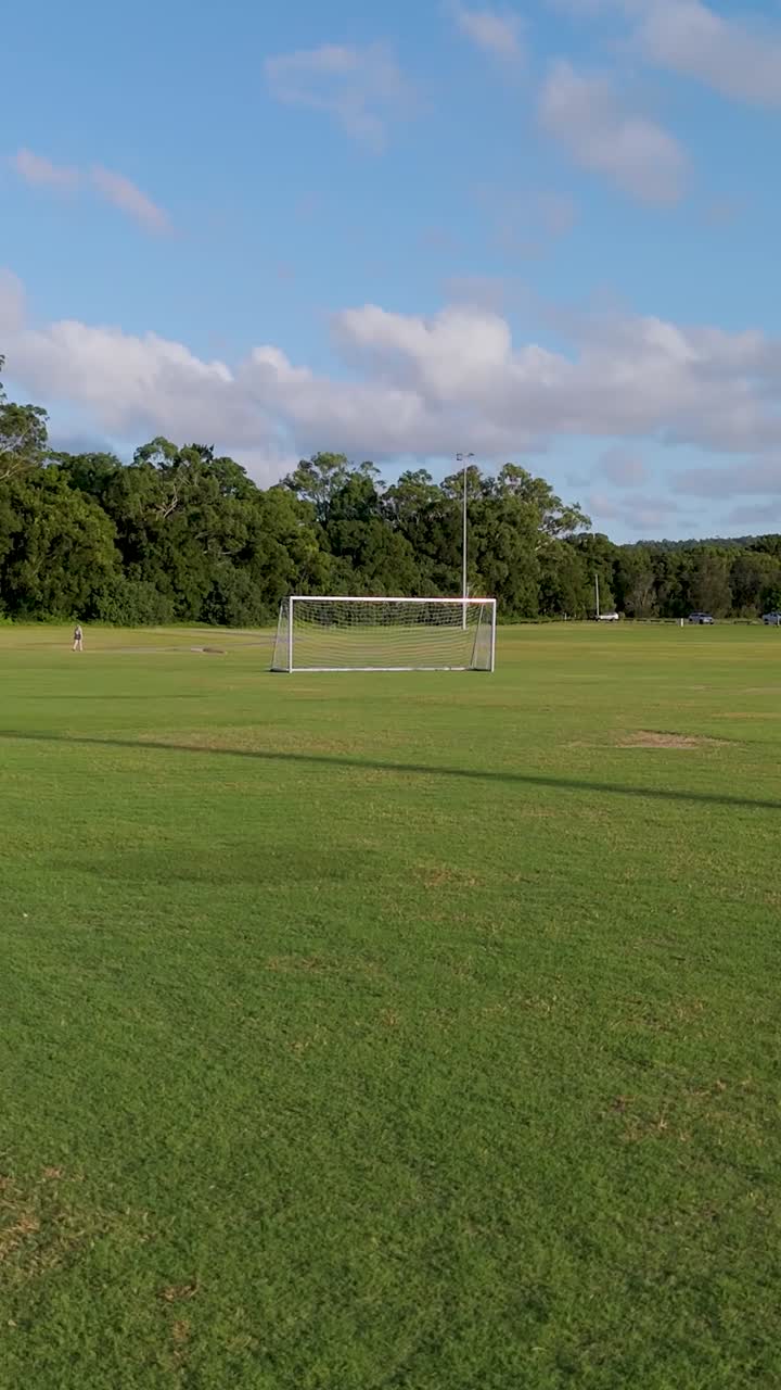 Aerial footage of a soccer field under clear skies, showcasing goalposts and lush greenery