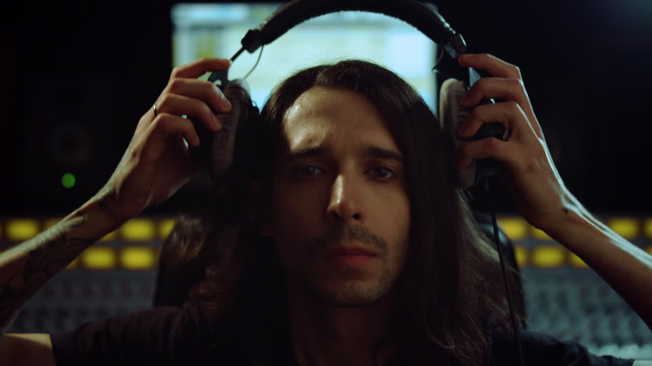un joven escuchando música en un estudio de grabación. un compositor dirigiéndose a la caja de resonancia.