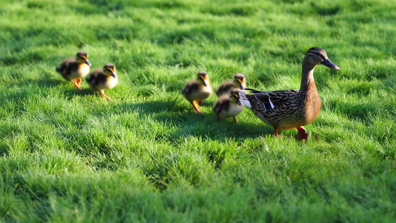 Mother Duck and Ducklings in a Meadow