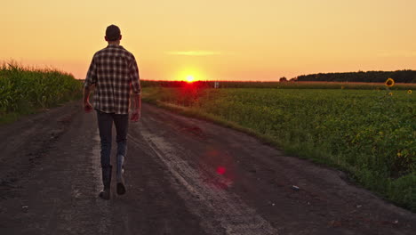 farmer walking a country road at sunset