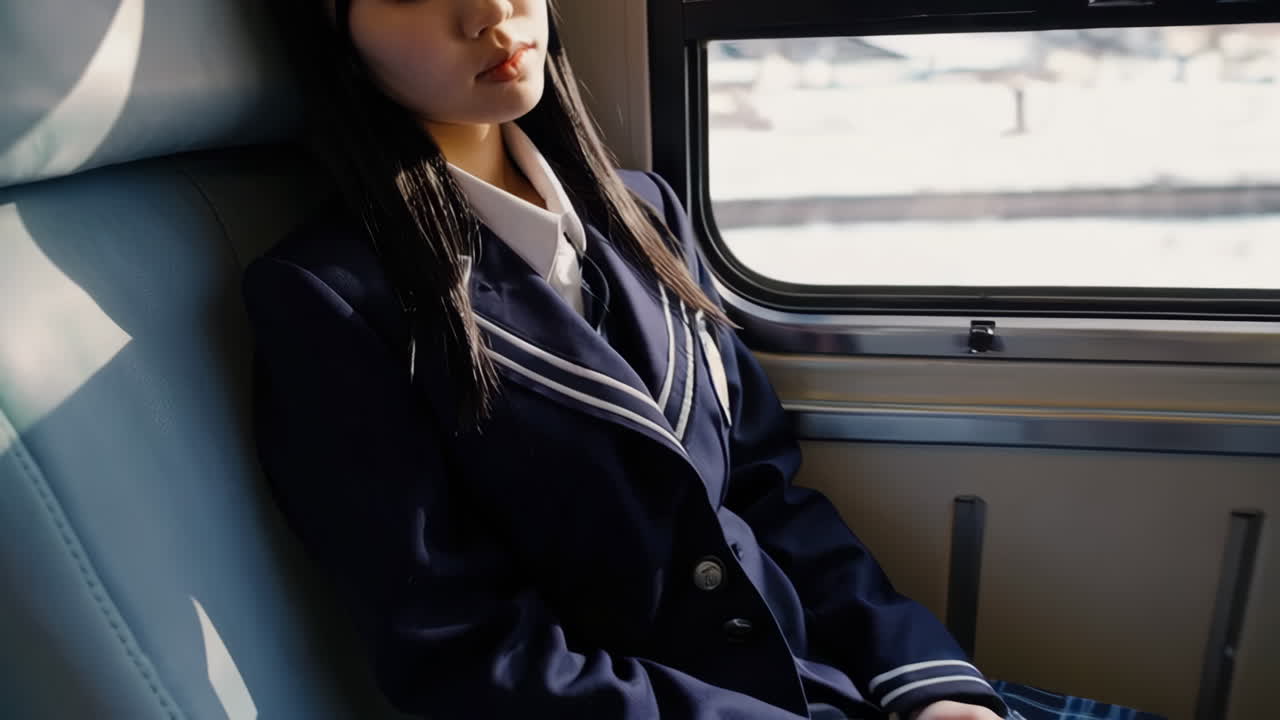 Teenage Girl Sleeping on a Train in Winter