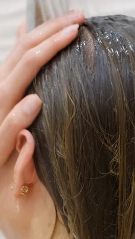 hygienic and beauty treatments, woman enjoying city view when taking shower. closeup view of female head and shoulders, anti-dandruff shampoo and organic cosmetics for hair beauty, rest in hotel
