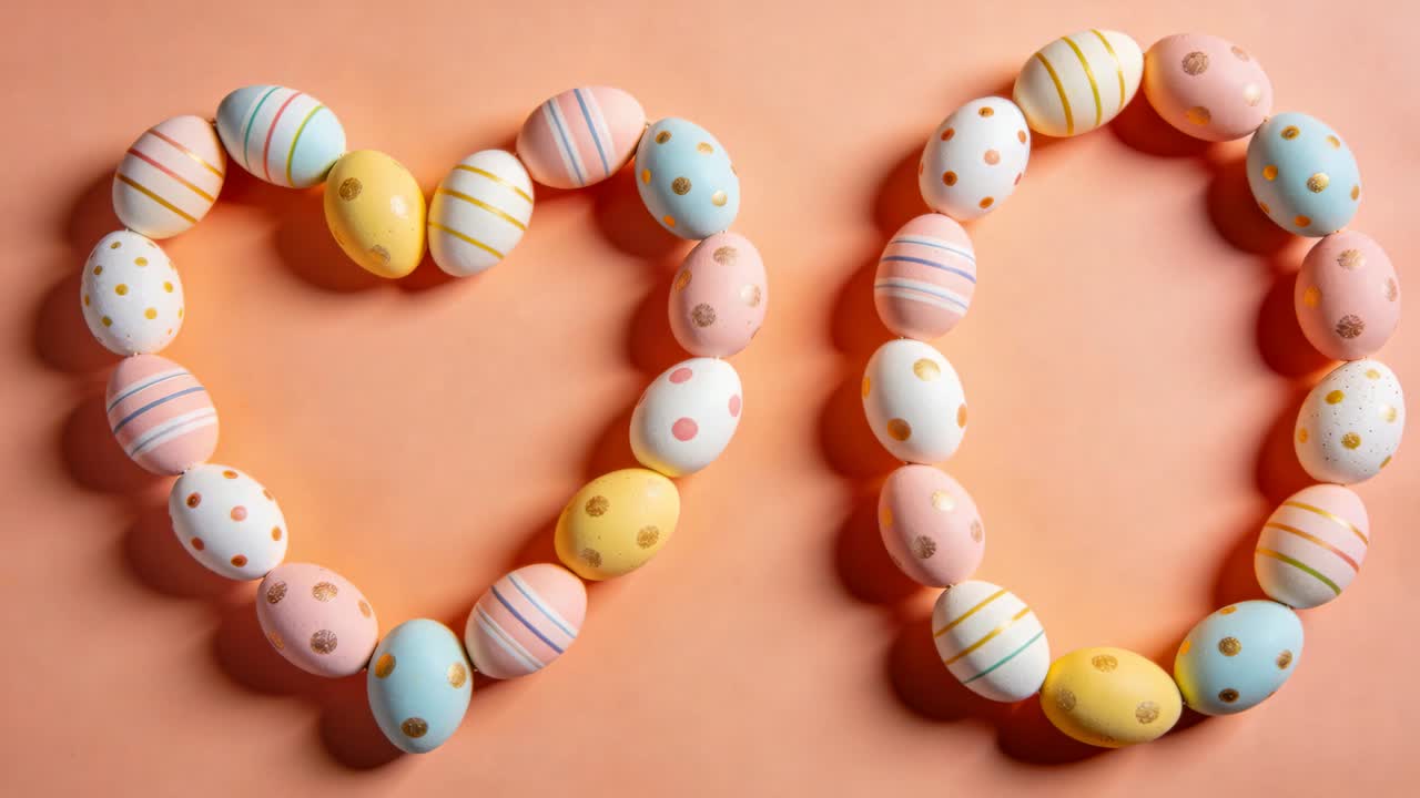 Zooming camera revealing heart and oval of pastel eggs on peach surface, emphasizing soft shadows