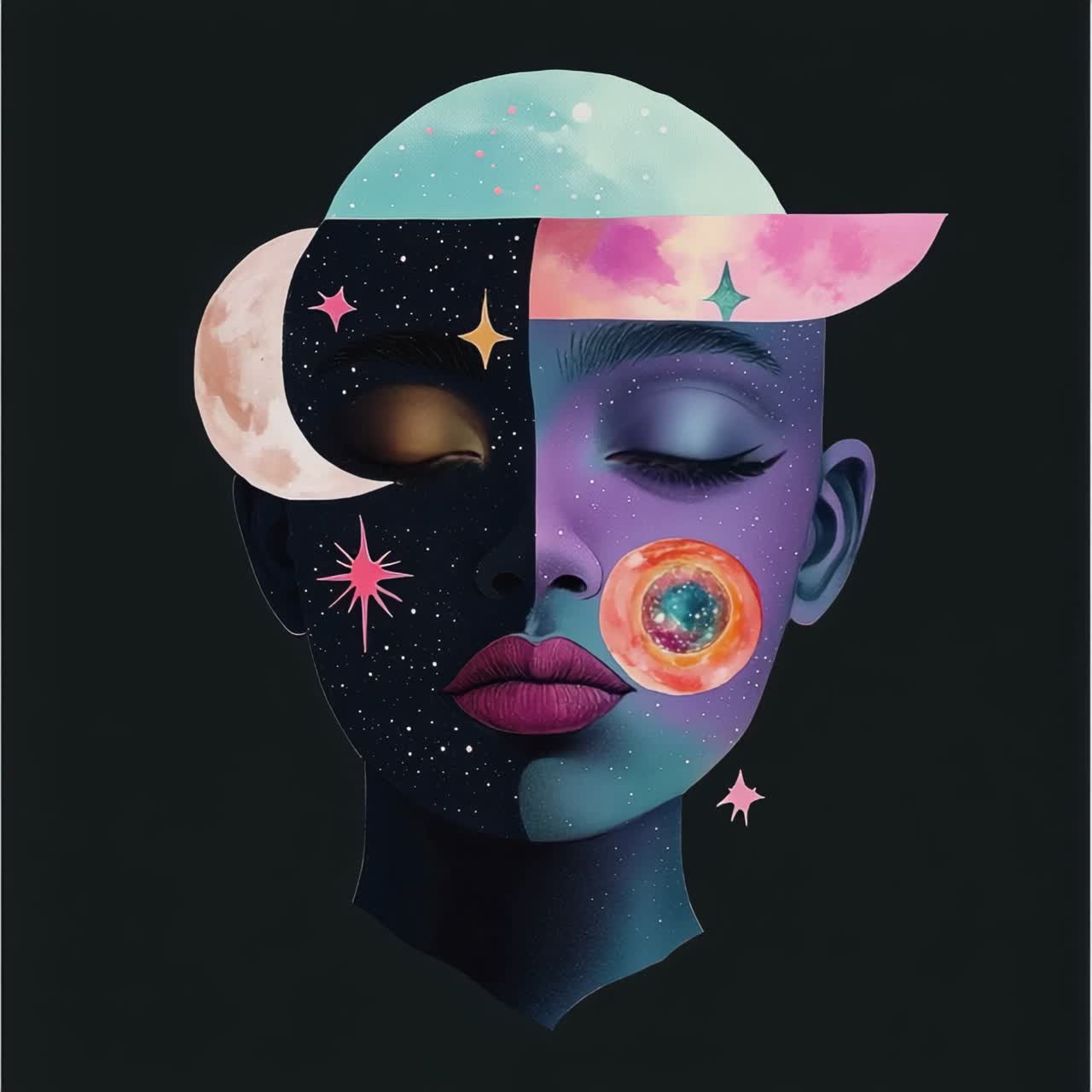 Surreal portrait of a cosmic woman with celestial elements