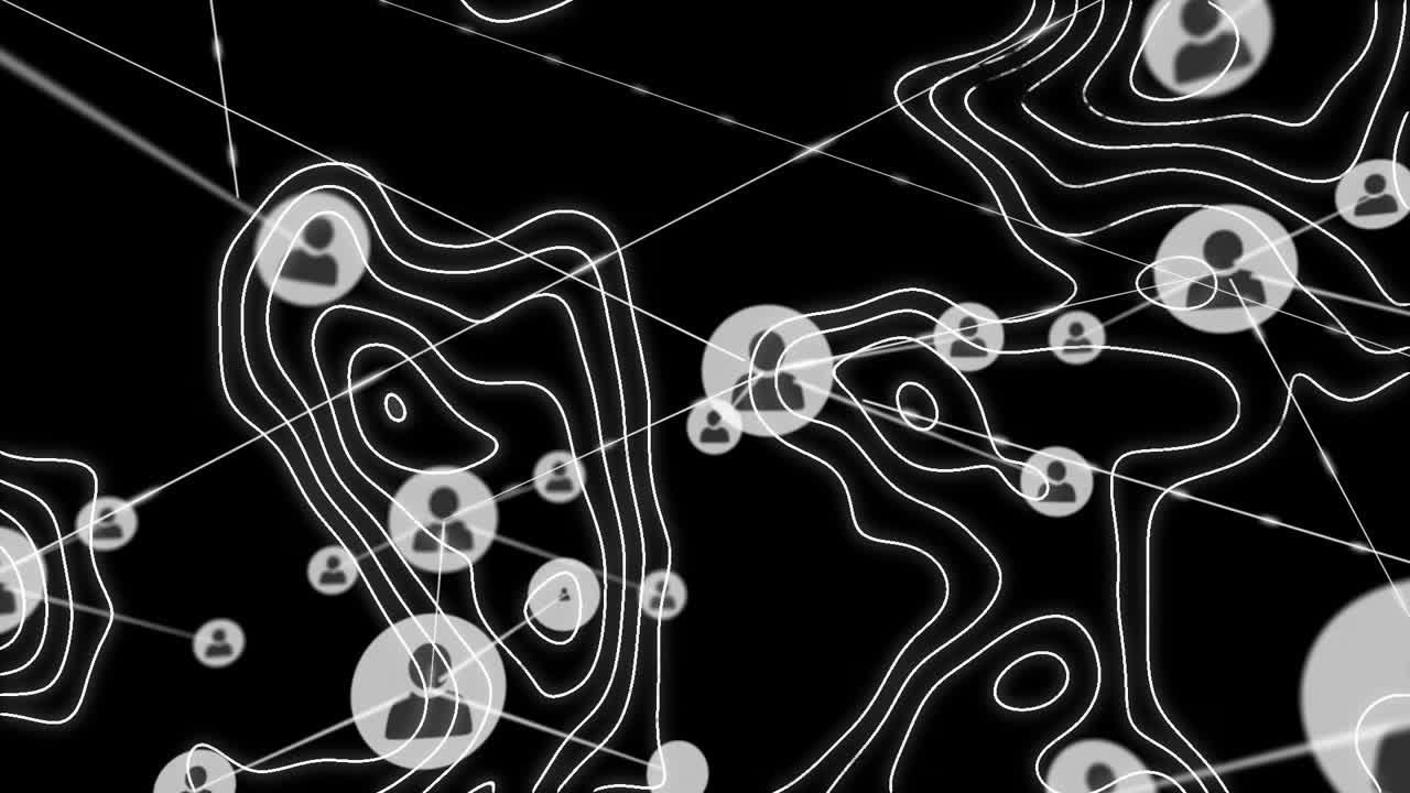 Network of user icons and connections animation over topographic lines on black background