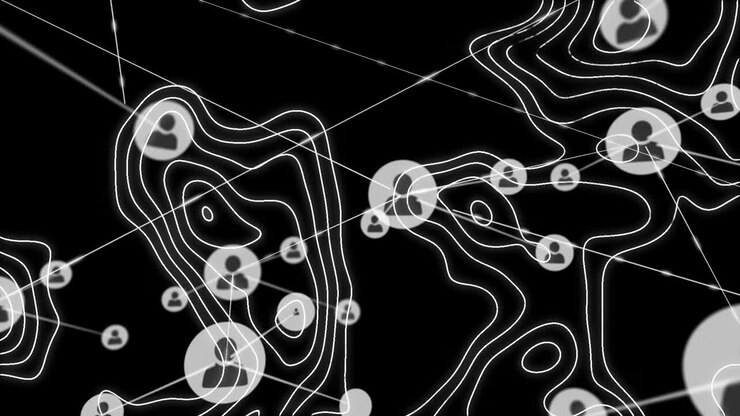 Animazione di rete di icone utente e connessioni su linee topografiche su sfondo nero