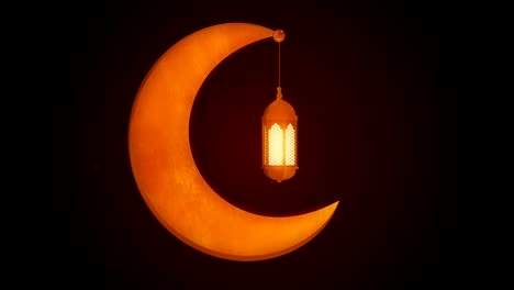 glowing celebration lantern hanging in moon on dark background. ramadan kareem islamic motion background. 3d loopable animation.