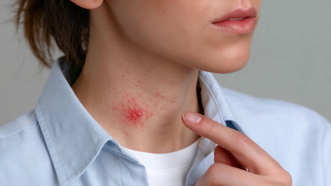 Primo piano di una donna che identifica un'irritazione cutanea sul collo, mostrando una macchia rossa, indicando una possibile condizione dermatologica che richiede attenzione e cura