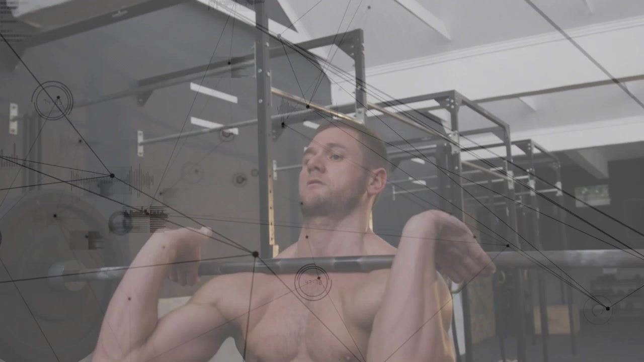Uomo che afferra un bilanciere, sollevandolo in posizione di front rack in palestra per il fitness, sovrapposizione traslucida che traccia il percorso
