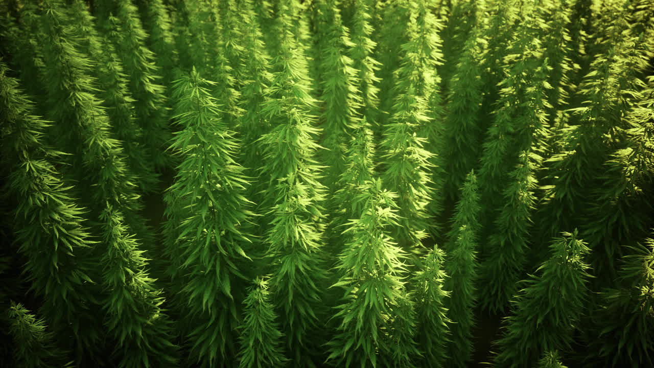 Lush green cannabis plants growing in an organized field under bright sunlight