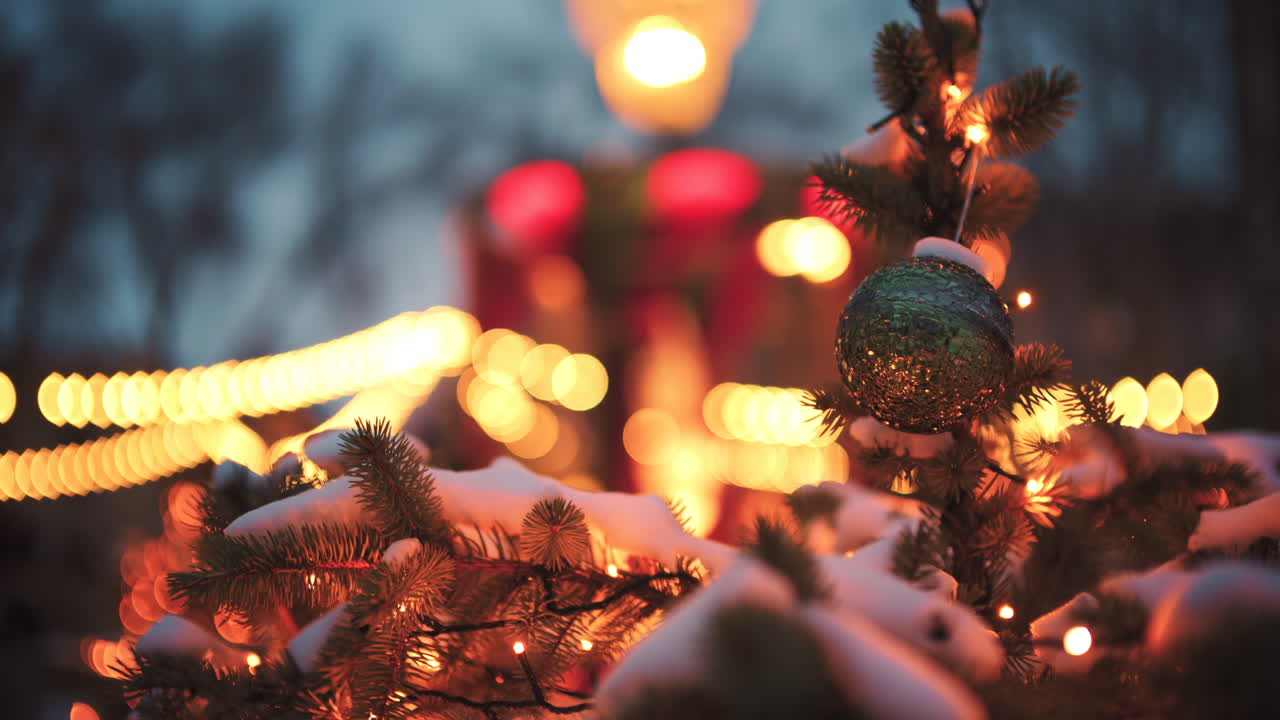 Lähikuva pyöreästä joulupallosta roikkumassa lumipeitteisellä ikivihreällä oksalla.