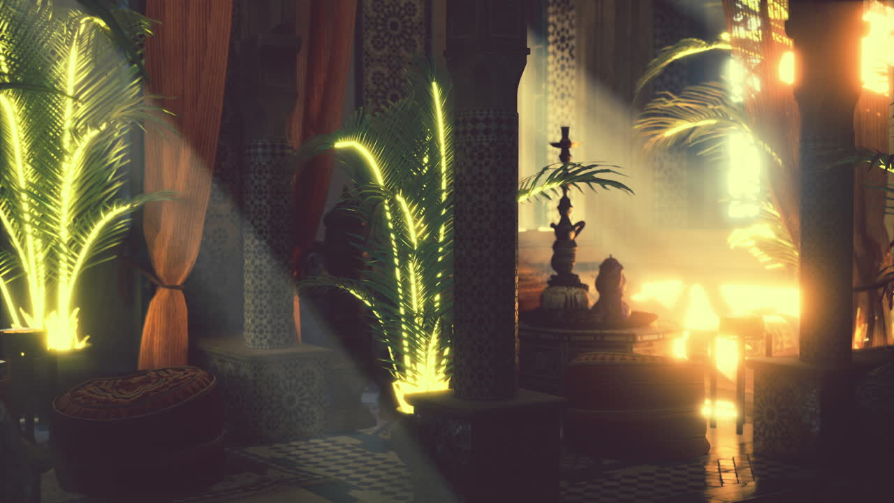 interior de noites árabes serenas: sala marroquina iluminada pelo sol com palmeiras e narguilé