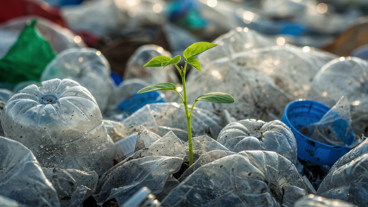 A small green plant sprouts from a mound of plastic waste, showcasing nature's resilience amidst pollution. This sight highlights the urgent need for environmental awareness and action.