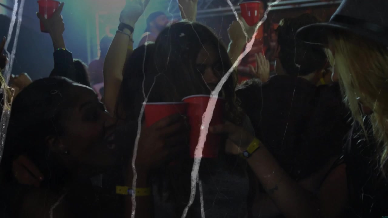 Main woman bringing cup to lips in club music sparking torn-paper overlays crossing faces and cups