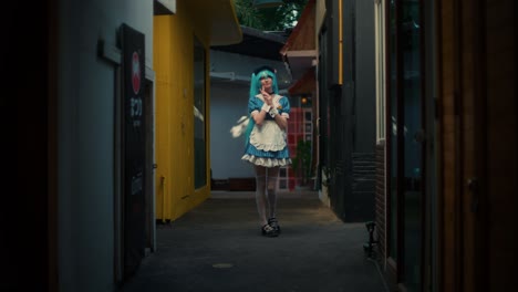 anime maid cosplay in an alley