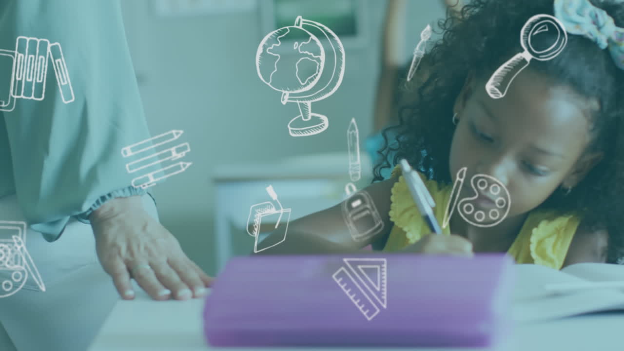 animación de iconos escolares sobre diversas maestras que pasan escolares que trabajan en el escritorio en la clase