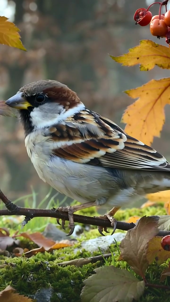 Video verticale: Passero che atterra e sistema le zampe su un ramoscello muschioso nel bosco, cercando cibo vicino a bacche rosse.