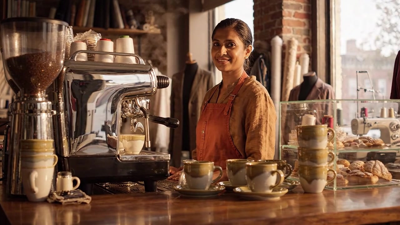 A welcoming barista stands proudly in a charming coffee shop, showcasing freshly brewed coffee and an array of delicious pastries on a wooden counter.