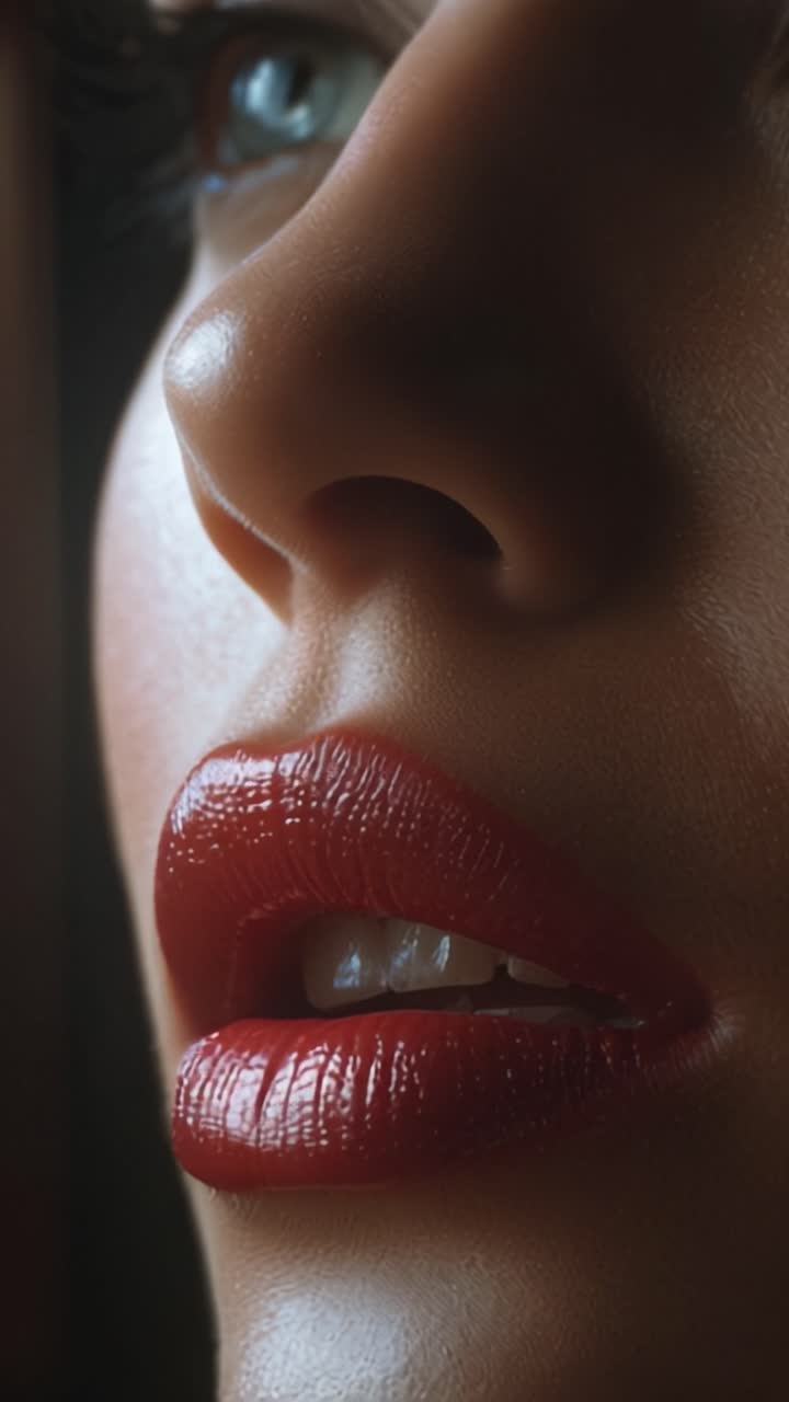 Primo piano di un modello realistico con labbra rosse lucide, che mostra caratteristiche delicate e splendidi riflessi di luce, enfatizzando la bellezza e l'arte nei dettagli.