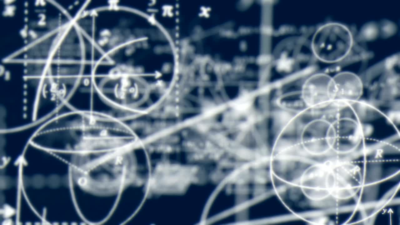 los símbolos matemáticos en bucle viajan volando a través de la cámara.