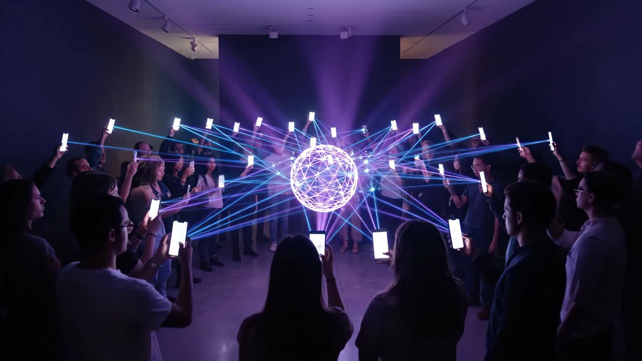 People Holding Smartphones Interacting with a Glowing Networked Sphere