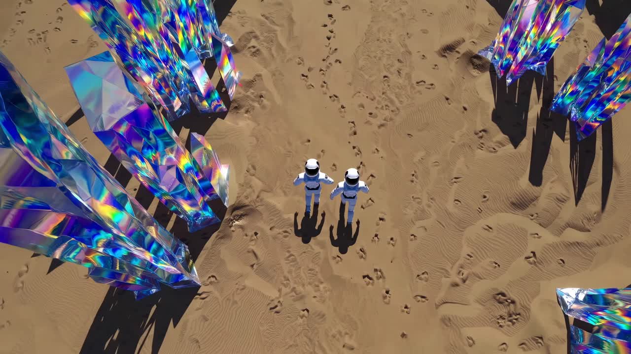 Astronauts explore a surreal landscape of colorful crystalline structures on sandy terrain, showcasing a captivating journey through an otherworldly environment