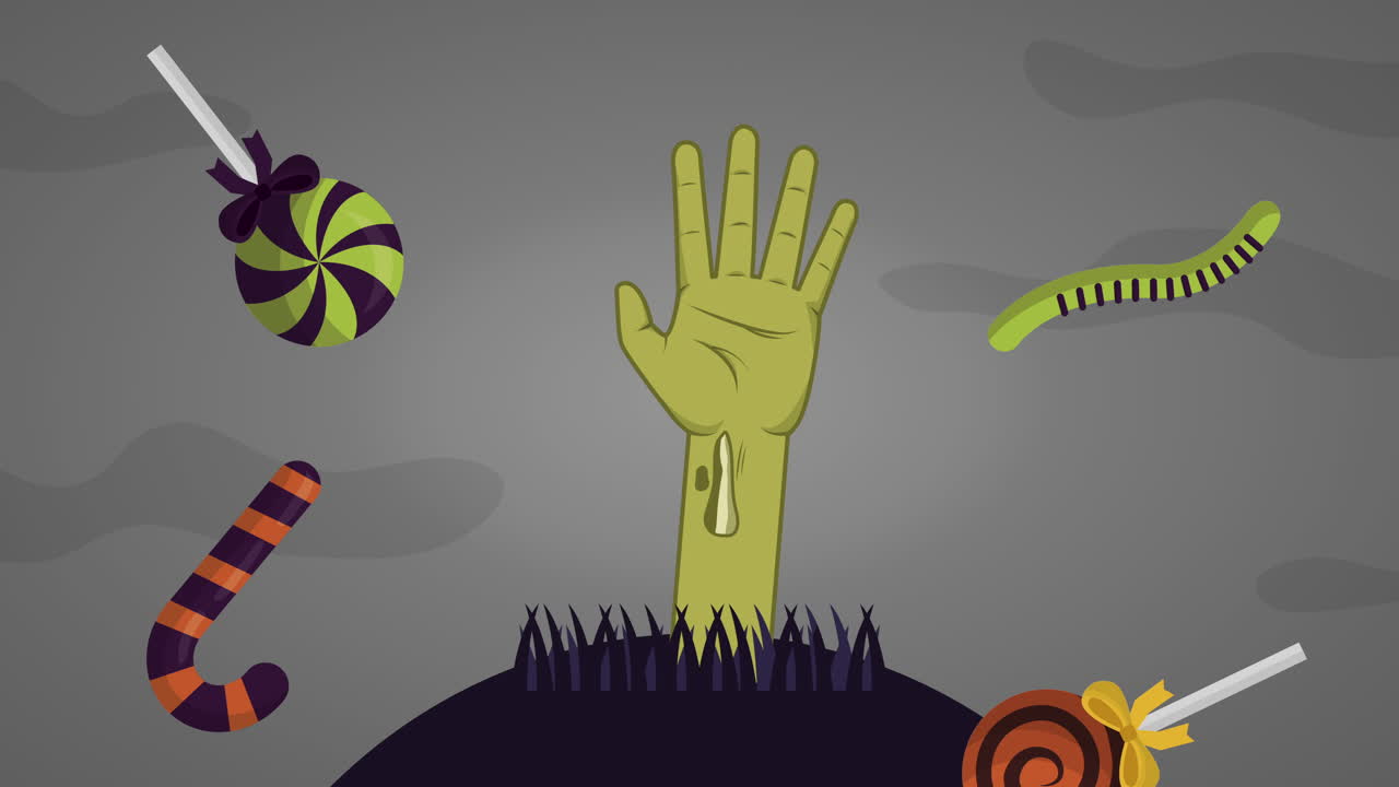 비 손과 사탕으로 할로윈 축제를 축하합니다.