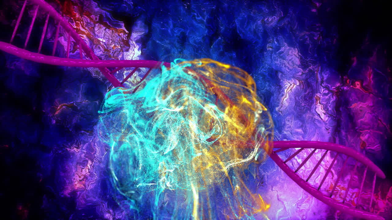 Animering av DNA-sträng och neuralt nätverk över abstrakt färgstark bakgrund