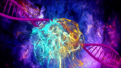 dna strand and neural network animation over abstract colorful background