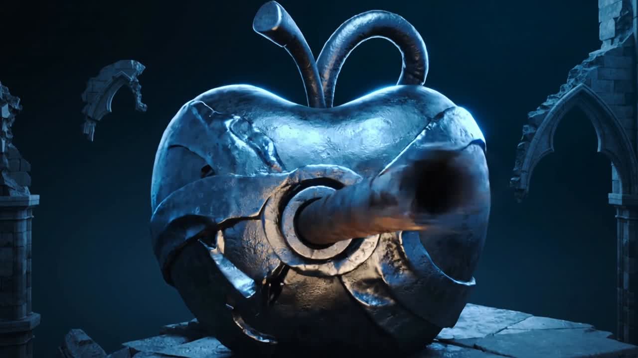 Tønde affyrer Apple-enhed, der udsender metalliske fugledroner fra en luge i et ruineret gotisk kammer, røg.